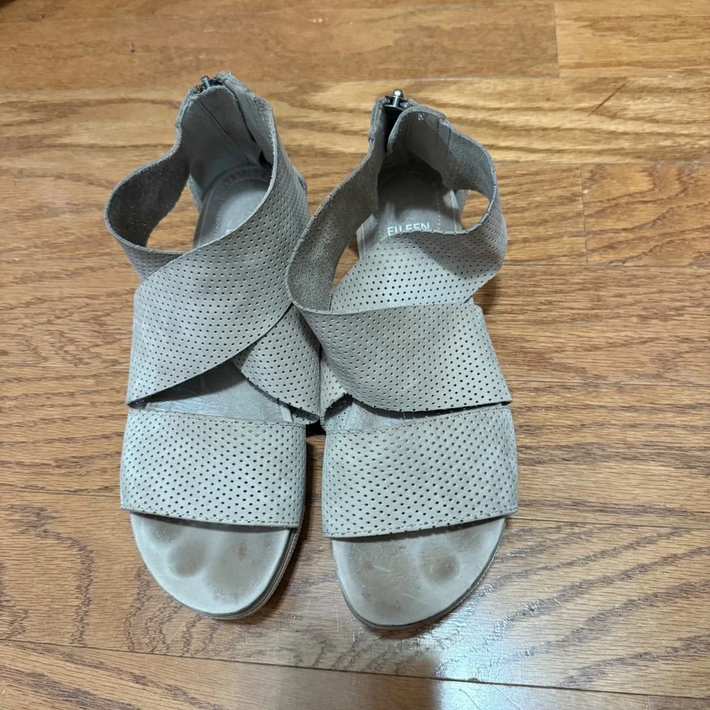 Eileen Fisher Size 8.5 Tan Sport Perforated Nubuck Ankle Wrap Platform Sandals‎